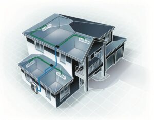 איור של בית עם מערכת מיזוג VRF.